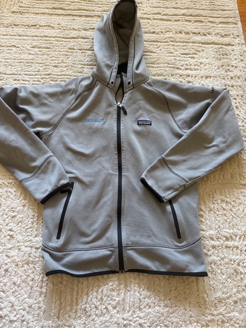 Patagonia Black and Grey Hooded Fleece Jacket with Colorful Logo